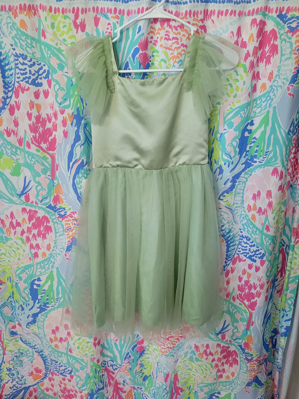 Girls Sage Green Tulle Party Dress with Ruffle Shoulders